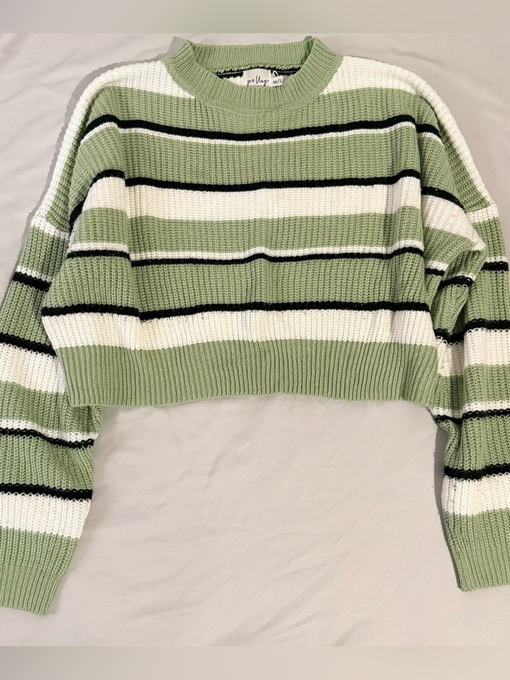 Polly Sage Green Striped Cropped Crew Sweater